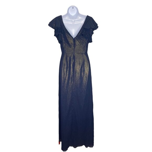 Dessy Collection Midnight Gold‎ Shimmer Flutter Sleeve Surplice V-Neck Gown Sz 4 - Picture 7 of 10